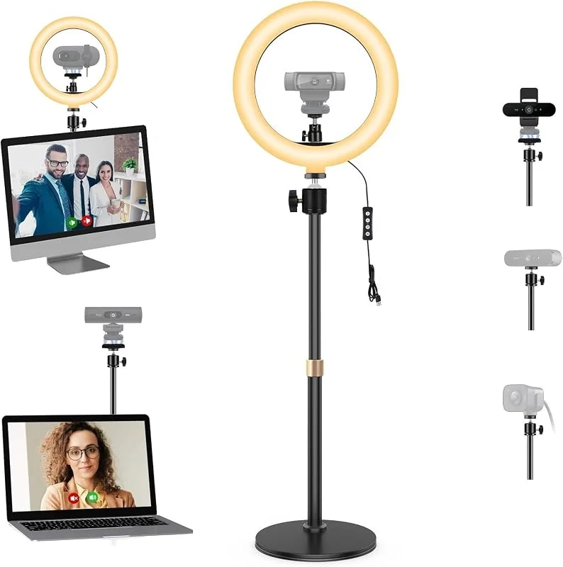Webbkamera selfie-ljusstativ, 26 cm ringlampa med skrivbordshållare och magnetisk montering kompatibel med Logitech C920 StreamCam C922 C930 C925 C615 BrioWebcams — Mobil och surfplatta