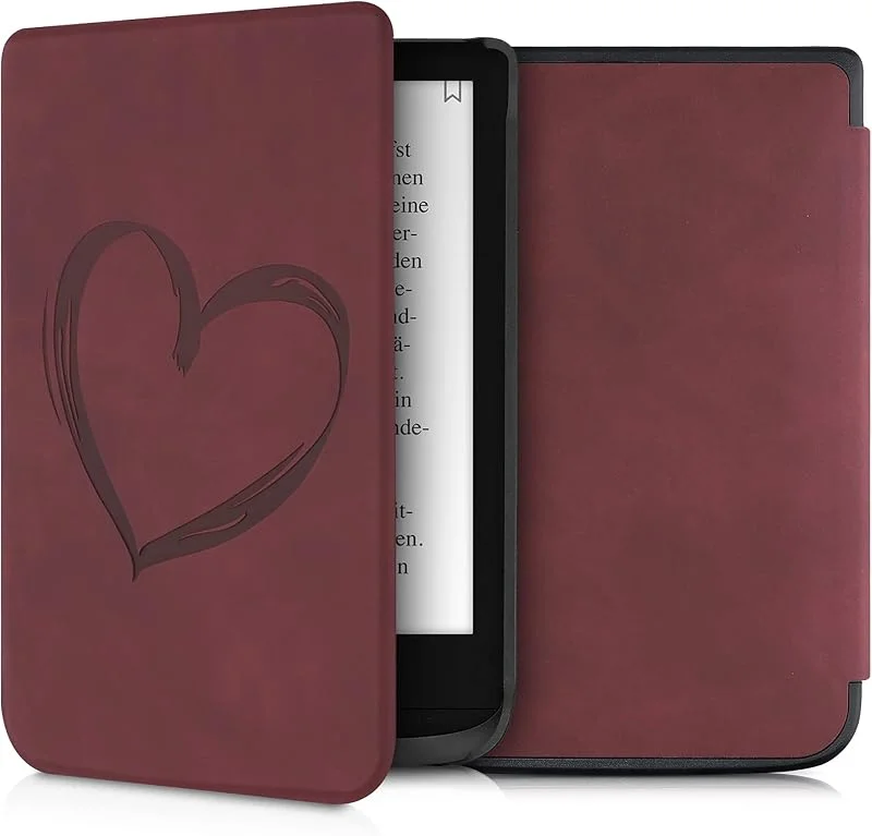 kwmobile fodral kompatibelt med Pocketbook Touch Lux 4, 5, Touch HD 3, färg (2020), Vivlio Lux 5 fodral – läsplatta fodral – borstat hjärta mörkröd — Portabel digital och ljud