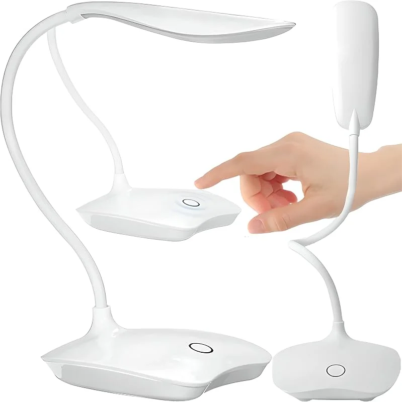 Retoo LED-bordslampa med touch, dimbar med 3 ljusstyrkanivåer, skrivbordslampa med flexibel svanhals, kontorsbordslampa, dagsljuslampa, sänglampa för läsning, arbete, inlärning, vit — Smart belysning