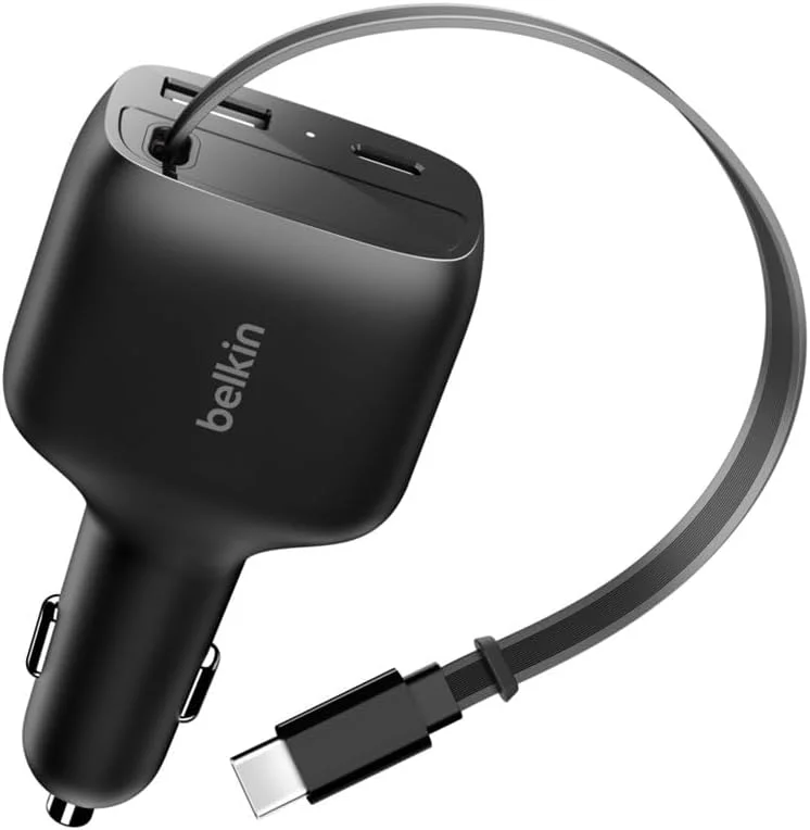 Belkin USB-C Billaddare 75W med 75cm indragbar kabel för USB-C - iPhone-laddare, kompatibel med iPhone 16- och 17-serien, Galaxy S25, AirPods, Tablet, MacBook, Chromebook, etc. - Tillbehör för resan — Mobil och surfplatta