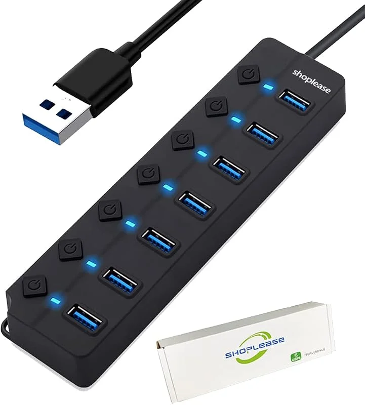 7-portars USB 3.0-hubb med individuella strömbrytare och lampor, höghastighetsdatahubdelare bärbar USB-förlängningshub för PC laptop och mer (ingen strömadapter) — Laddning och kablar