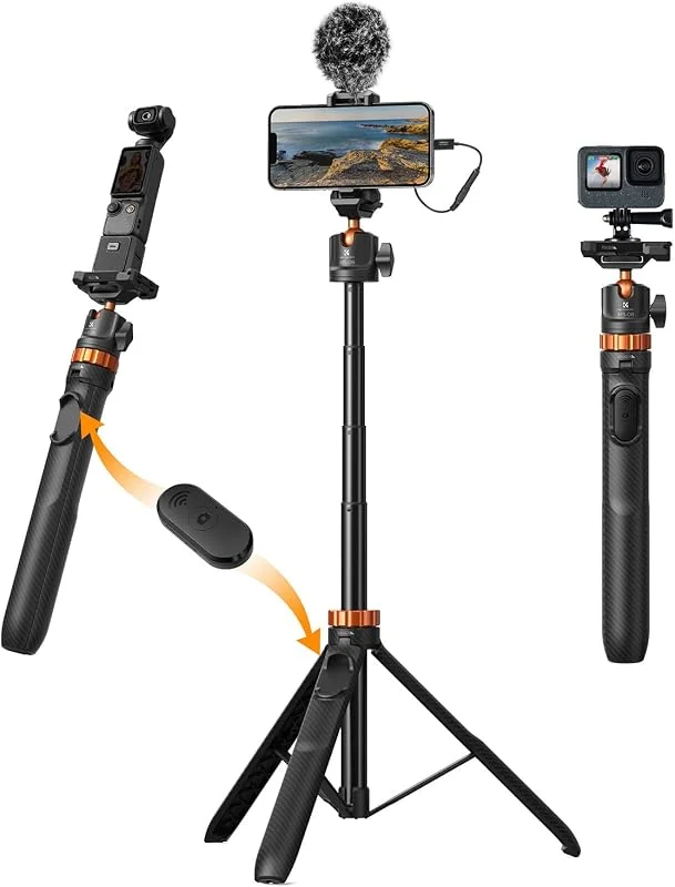 Selfie Stick stativ, K&F Concept MS08 selfie-pinne, 158 cm mobiltelefonstativ, stativ för smartphone kompatibel med iPhone, Samsung, DJI Osmo Action, Insta 360, mobiltelefonhållare med avtagbar — Mobil och surfplatta