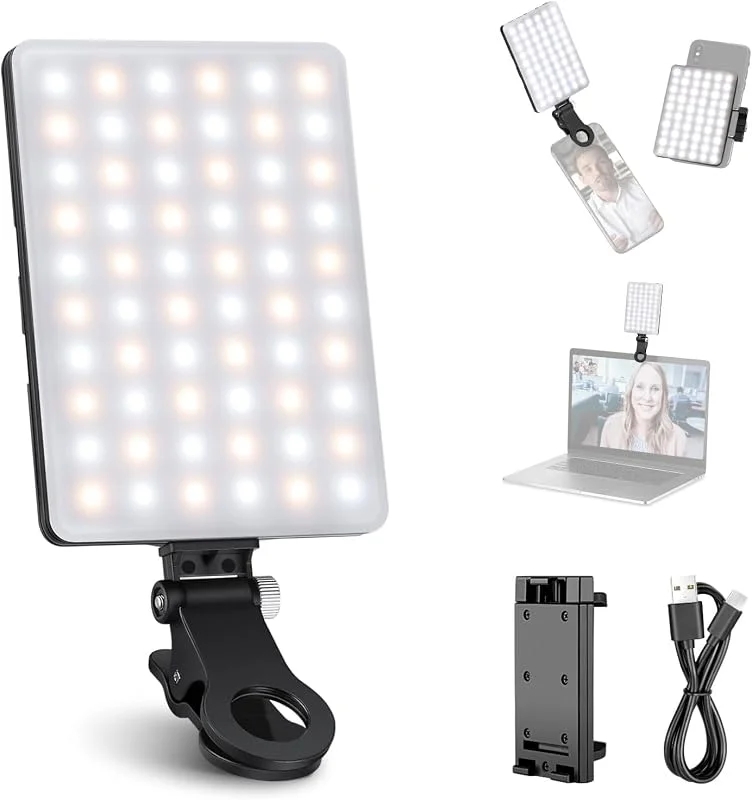 NEEWER Basic Clip On selfie-lampa kompatibel med iPhone, 2 000 mAh uppladdningsbar LED-videoljus med mobiltelefonklämma för dator – laptop, zoomvideokonferenser, sminkfotografering, NL-60AI — Mobil och surfplatta