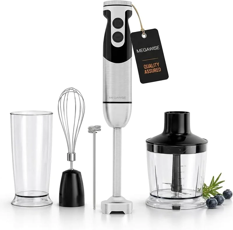 MegaWise Pro Titanium Förstärkt 5-in-1 Immersion Hand Blender, kraftfull motor med 80% vassare blad, 12-delad sladd mixer, inklusive 500 ml hackare, 600 ml bägare, vispa och mjölkskummare (svart) — Kök & Hushåll