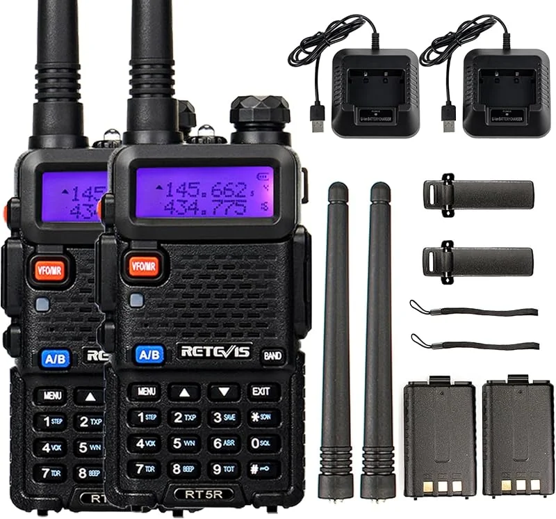 Retevis RT5R Walkie Talkie Long Range Tvåvägsradio, 128 Kanaler 1400mAh Rechargeable Walky Talky, VOX, Handhållen Sändtagare med FM-Radio, Professionell Intercom för Jakt, Akut Räddning (Svart, 2St) — Portabel digital och ljud