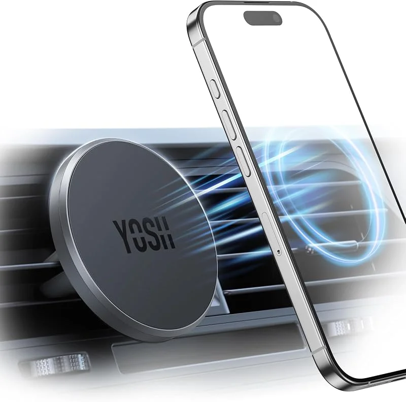 YOSH för MagSafe Bilhållare, Bilhållare med N52-Magnet, Ultrastabil Ventilation KFZ Telefonhållare, Magnetiska Telefonhållare för Bil Endast för iPhone 17–12-Serien, Metallisk Grå — Mobil och surfplatta