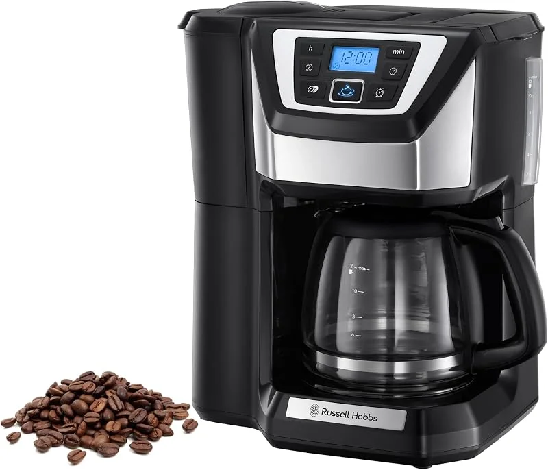 Russell Hobbs kaffebryggare med kaffekvarn, 1.5l glasskanna, 12 koppar, digital programmerbar timer, justerbar malningsgrad för bönorna, filterkaffe, Victory 22000-56 — Kök & Hushåll