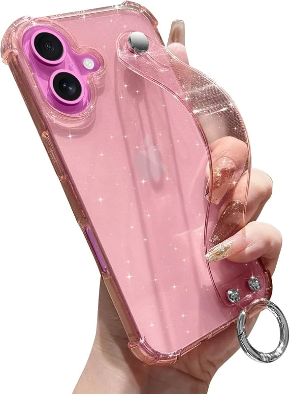 LLZ.COQUE för iPhone 16 glitterfodral, justerbar handrem stativ klart skydd för flickor kvinnor, transparent fyra hörn droppskydd stötsäkert telefonfodral för iPhone 16, rosa — Mobil och surfplatta
