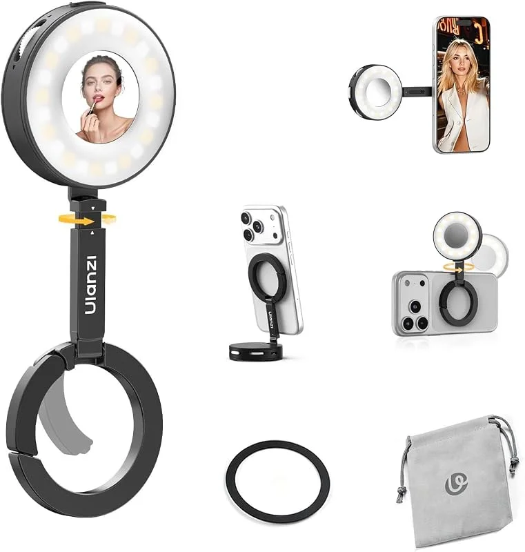 ULANZI ML05 Magnetiskt selfieljus för iPhone, dubbel magnet LED-ringljus med spegel, 9 000 K CRI≥97, vidvinkelbelysning, mobiltelefonljus perfekt för resevlogar, foto- och videoinspelningar (Svart) — Mobil och surfplatta