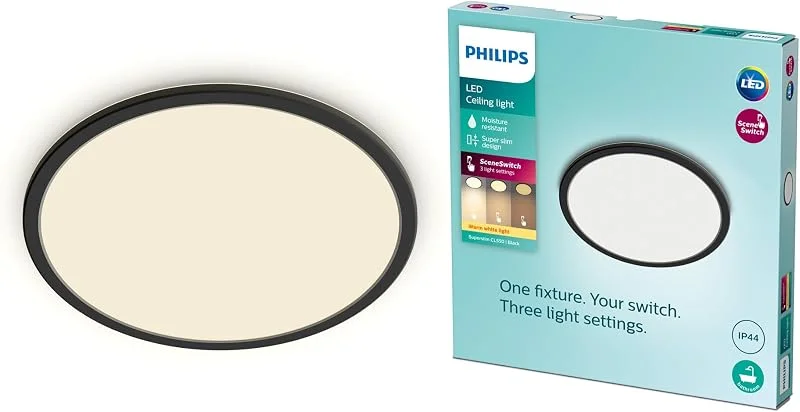 Philips Superslim Rund Taklampa - Svart, 18W, 2700 Kelvin, 20 000 timmar, Steg Dimring, Ljuskälla ingår — Smart belysning