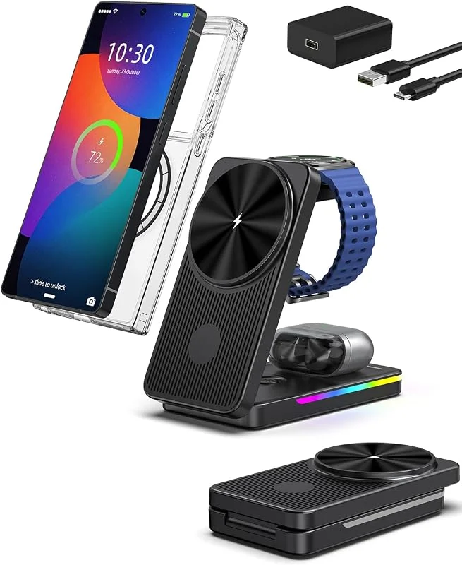 3-i-1 Magnetisk Trådlös Laddningsstation för Samsung, Resebruk — Mobil och surfplatta