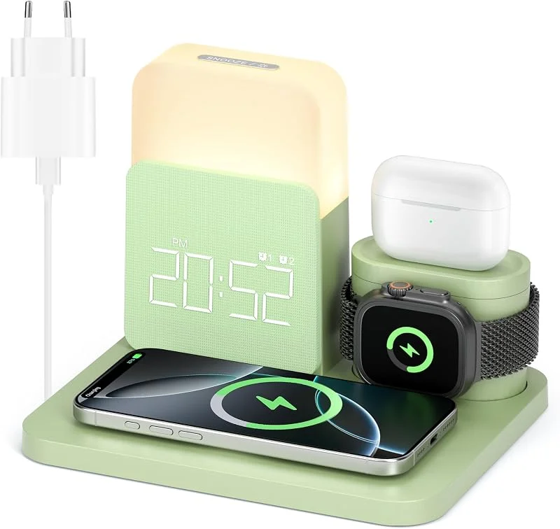 【2025 ny】COLSUR 3-i-1 laddningsstation för Apple Watch Airpods, 15 W snabb trådlös laddare för 16, 15, 14, 13, sänglampa med laddningsfunktion, väckarklocka med laddningsstation — Mobil och surfplatta