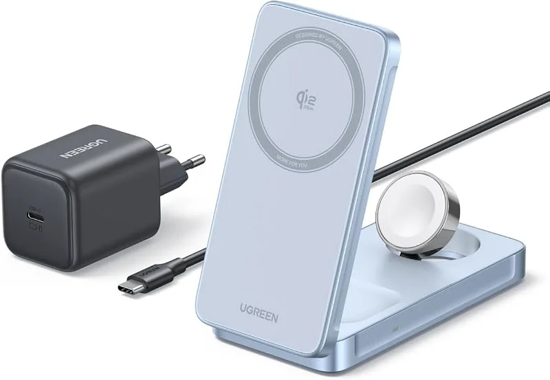 UGREEN MagFlow Qi2 25W 3-i-1 magnetisk laddningsplatta, MagSafe-kompatibel — Mobil och surfplatta