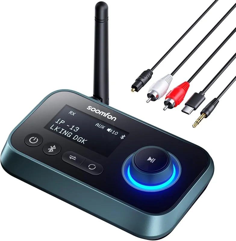 SOOMFON Bluetooth 5.0 ljudmottagare sändare adapter med Aux, Optisk, RCA-kablar, Hi Fi-ljudadapter med 3, 5 mm och optiskt uttag, för TV, PC, CD-spelare, stereohem, hörlurar, med LCD-display — Portabel digital och ljud