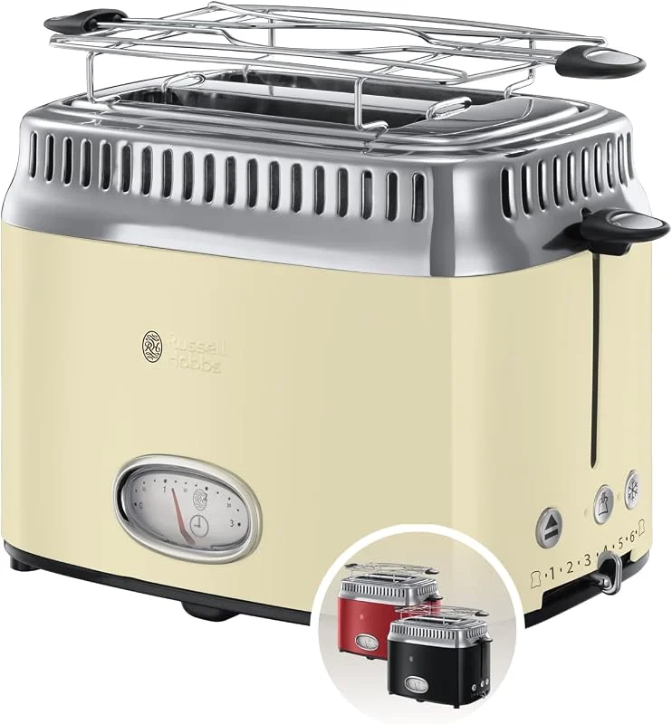 Russell Hobbs brödrost, 2 skivor, nedräkningsindikator i retrodesign, uppvärmningsgaller, justerbar rostningsgrad, upptiningsfunktion, cremefärgad, 1300W, Retro Vintage Cream 21682-56, Kräm — Kök & Hushåll