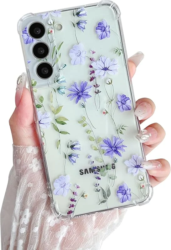 DEFBSC Etui kompatibel med Samsung Galaxy S22, Genomskinlig Blommigt Design för Tjejer Klart Tunt Stötdämpande Anti-Repor Skal - Cosmos Lila — Mobil och surfplatta