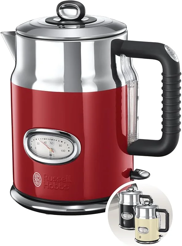 Russell Hobbs Retro Ribbon Red vattenkokare, 1, 7l, 2400 W, snabbkokningsfunktion, temperaturmätare i retrodesign, vattennivåindikator, perfekt hällpip, 21670-70, Röd — Kök & Hushåll
