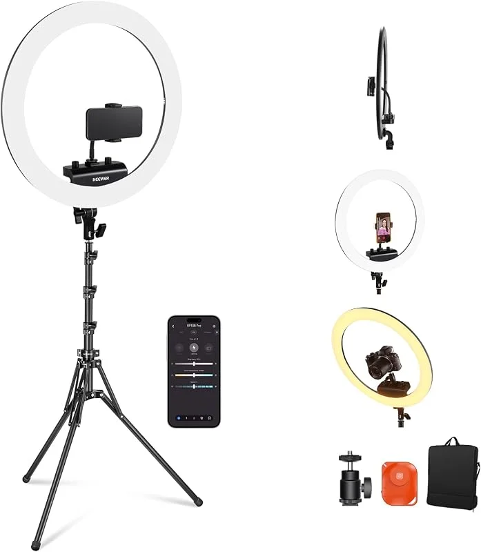 NEEWER Professionellt ringljus med stativ och telefonhållare, 18 tum tunn, 45 W 2900–7000K TLCI98, fjärrutlösare och appkontroll, mjukare belysning för Make up Live Stream TikTok, RP18B Pro svart — Mobil och surfplatta