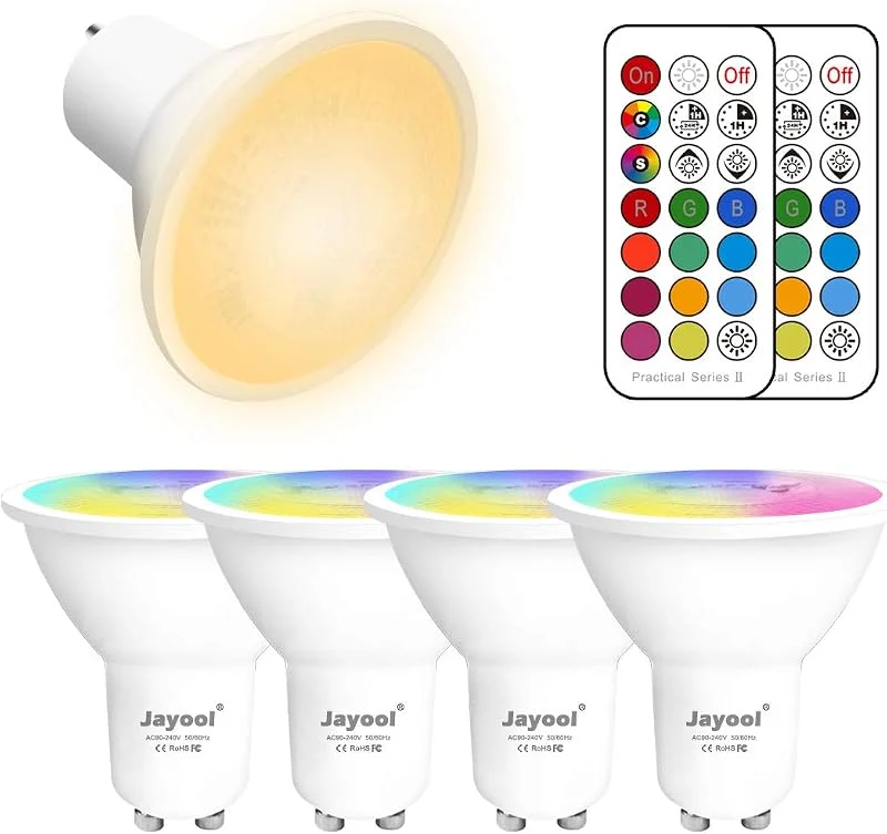 GU10 LED-glödlampor, dimbar 5 W färgskiftande plats med fjärrkontroll, RGB + varm vit, timer (förpackning med 4) — Smart belysning