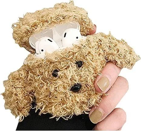 Pälsigt fodral för AirPods 4 rolig söt 3D tecknad plysch design teddy kaki mjukt varmt fluffigt skydd med nyckelring Kawaii anti-fall skyddande fodral kvinnor flickor — Mobil och surfplatta