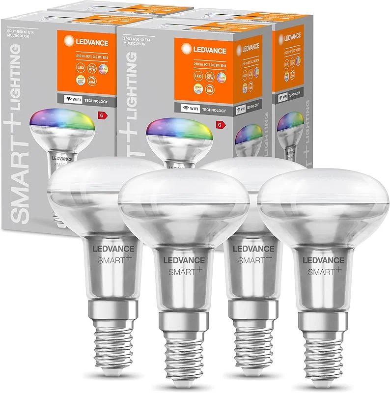 LEDVANCE Smart LED R50 spot bulb med Wifi teknik, E14, RGB färger och ljusfärg som kan ändras, reflektorLampor som ersättning för 40W glödlampor, kontrollerbar med Alexa, Google & App, 4-pack — Smarta hem