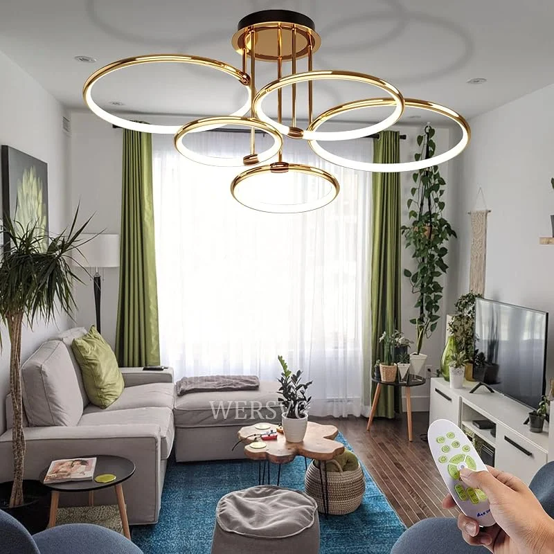 Modern LED-taklampa Dimbar med fjärrkontroll vardagsrum sovrumslampa guldring takbelysning applicera vardagsrum kök hall balkong matsal barnrum (5 lågor, Ø93cm, 108W) — Hushållselektronik