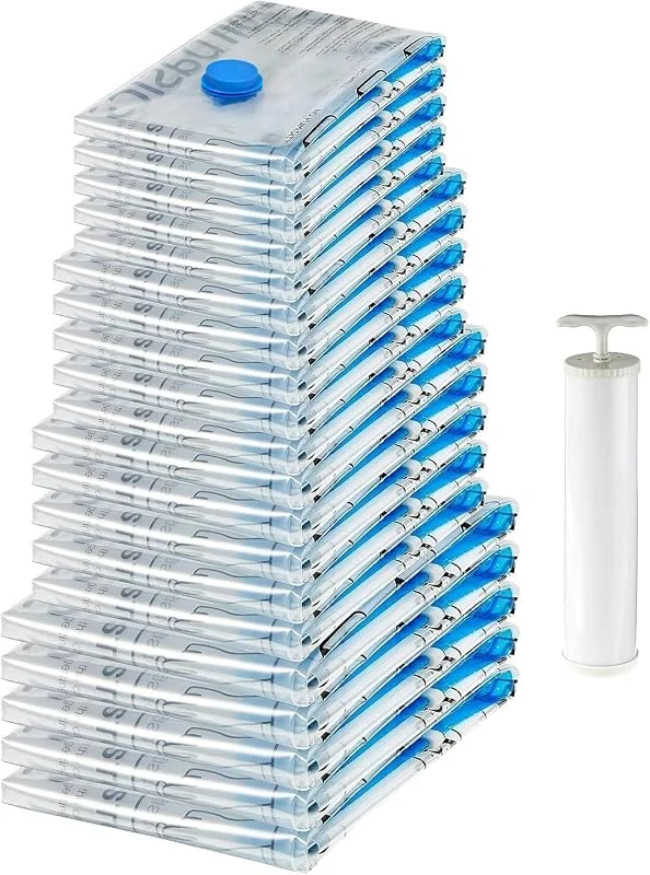 Amazon Basics förvaringspåsar med vakuumkompression, med dragkedja och handpump, 20 stycken, 4 5-pack (Small, Medium, Large och Jumbo), flera, transparenta — Kök & Hushåll