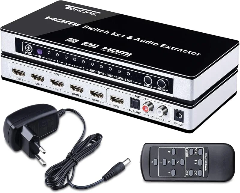 Tendak HDMI-switch, HDMI-omkopplare 4K 5-portars HDMI-distributör 5 till 1 med SPDIF och L, R ljudextraktor med fjärrkontroll stöder ARC UHD 3D — TV och streaming
