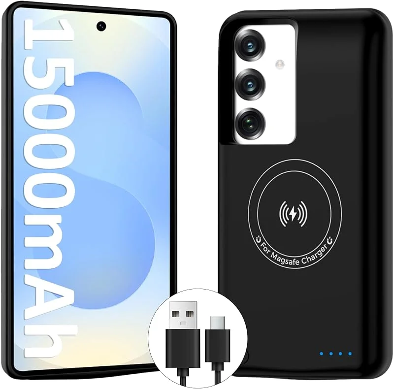 batterifodral för Samsung Galaxy S25, S24 (15 000 mAh), snabb GaN-laddare, bärbart powerbank-laddningsfodral, trådlös laddare och 20 W USB-C-kabel och skärmskydd av härdat glas — Mobil och surfplatta