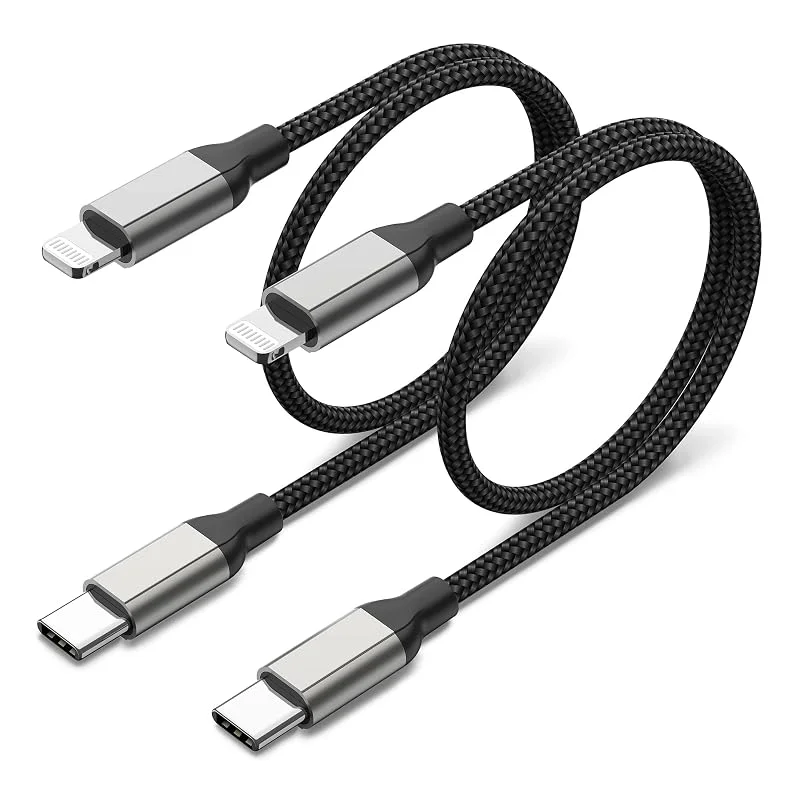 Acecene USB-C-Lightning-kabel, kort, 20 cm, 2 st., nylonflätad iPhone-laddningskabel med Power Delivery, Lightning-laddningskabel för iPhone 14, 13, 12, 11, Pro, Max, Mini, SE, X, XS, XR, 8, Plus – svart — Mobil och surfplatta