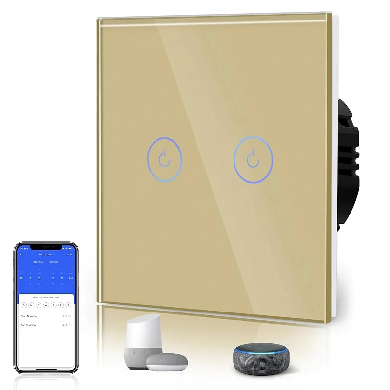 BSEED Smart brytare, WiFi, 2 x 1-polig brytare, 1-vägs omkopplingsbar brytare för Alexa, guld, glaspanel, ljusbrytare för vägg, röst- och appstyrning, delning, WiFi-brytare (neutral kabel krävs) — Smarta hem