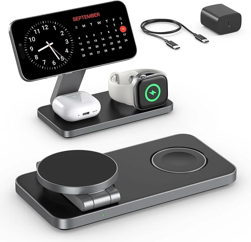 Trådlös laddare med MagSafe, 3 i 1 laddningsstation, vikbar induktiv trådlös laddare för Air 17 16 15 14 13 12, för Apple Watch 10, 9, 8, 7, 6, SE, 5, 4, 3, för AirPods Pro med snabbadapter — Mobil och surfplatta