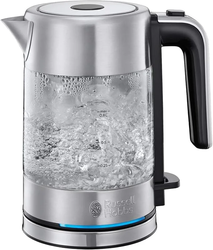 Russell Hobbs Compact vattenkokare i glas, 0.8l, 2200W, LED-belysning, antikalkfilter, perfekt hällpip, perfekt för det lilla hemmet, resevattenkokare, 24191-70 — Kök & Hushåll