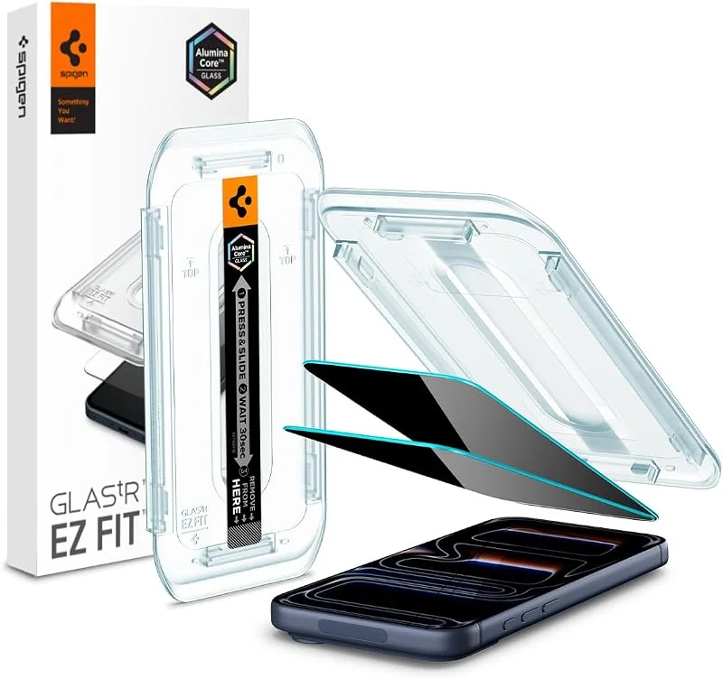 Spigen Glas.tR EZ Fit Skärmskydd kompatibel med iPhone 17, iPhone 17 Pro, iPhone 16 Pro, 2 Stycken, med Sjabloon voor Installatiem, Anti-Spy, Reptålig, Case friendly, 9H härdat glas — Mobil och surfplatta
