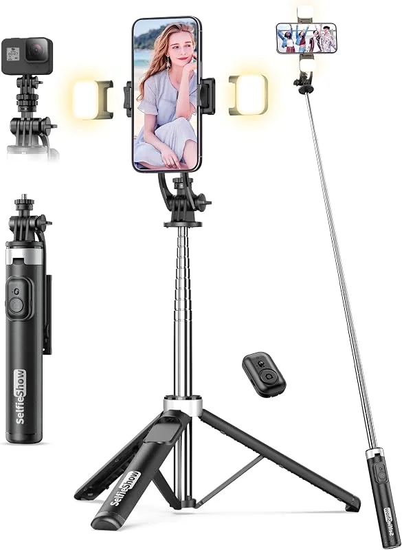 135CM Selfie Stick med 2 Fill Light, Allt-i-ett mobiltelefonstativ med avtagbar fjärrkontroll, 360° roterbart bärbart stativ mobiltelefonhållare Stabil Selfie Stick kompatibel med iPhone, Android — Mobil och surfplatta