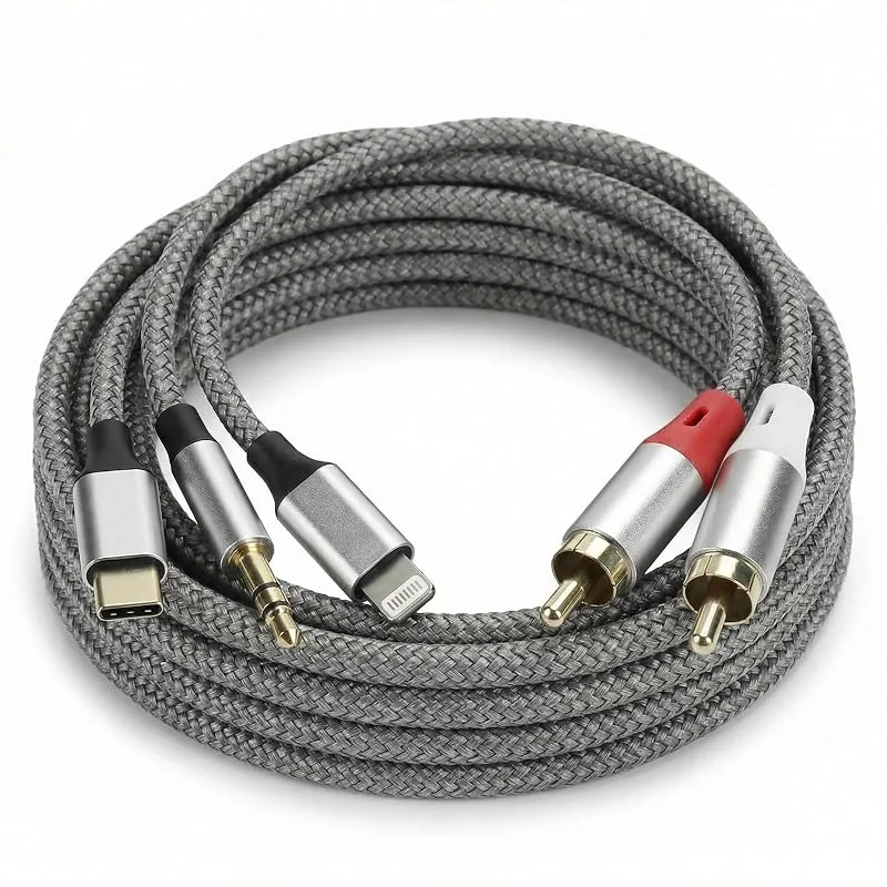 QWORK® 3-i-1 RCA-kabel, ljudadapter, 2 RCA till 3, 5 mm USB-C till 2 RCA, kompatibel med Lightning, mobiltelefon, bil och högtalare — Mobil och surfplatta