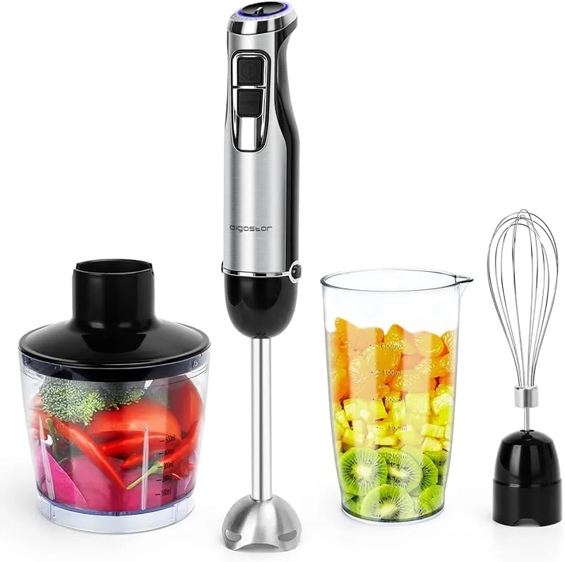 Aigostar Buckle - Handmixer 1000W, 4 i 1 multifunktionell mixer med mixer, helikopter, visp, måttkopp, 304 rostfria stålblad, 6 justerbara hastigheter och turfofunktion — Kök & Hushåll