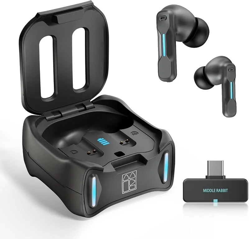 Middle Rabbit SW4 Wireless Gaming Earbuds för PC PS4 PS5 Switch Mobile – 2, 4 G dongel och Bluetooth – 30 ms låg latens – hörlurar med inbyggd mikrofon – 4 mikrofoner – headset — Hörlurar och ljud