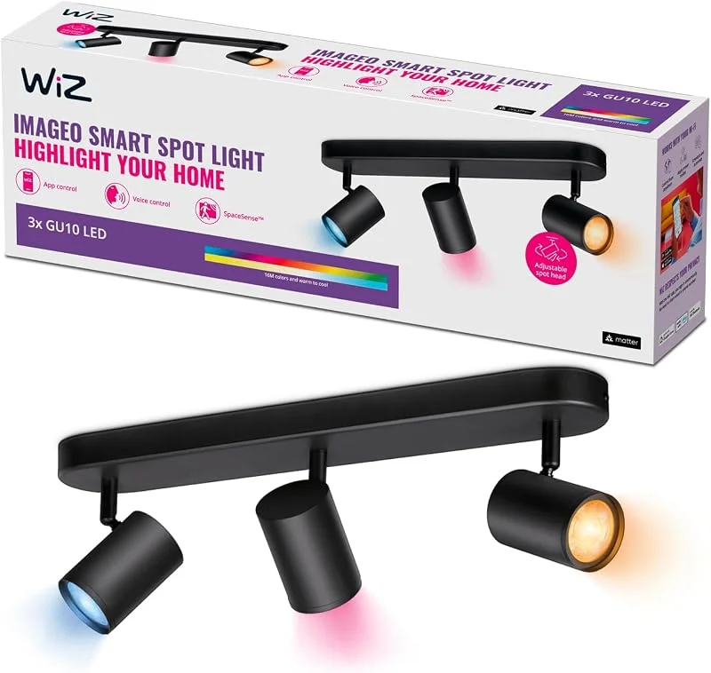 WiZ Imageo Tak och väggspotlight (Wiz Color), svart, 3 huvuden - Smart LED belysning (WiFi och Bluetooth), 17W, 2700 Kelvin, Dimbar i kallvitt till varmvitt + 16 miljoner färger — Smarta hem