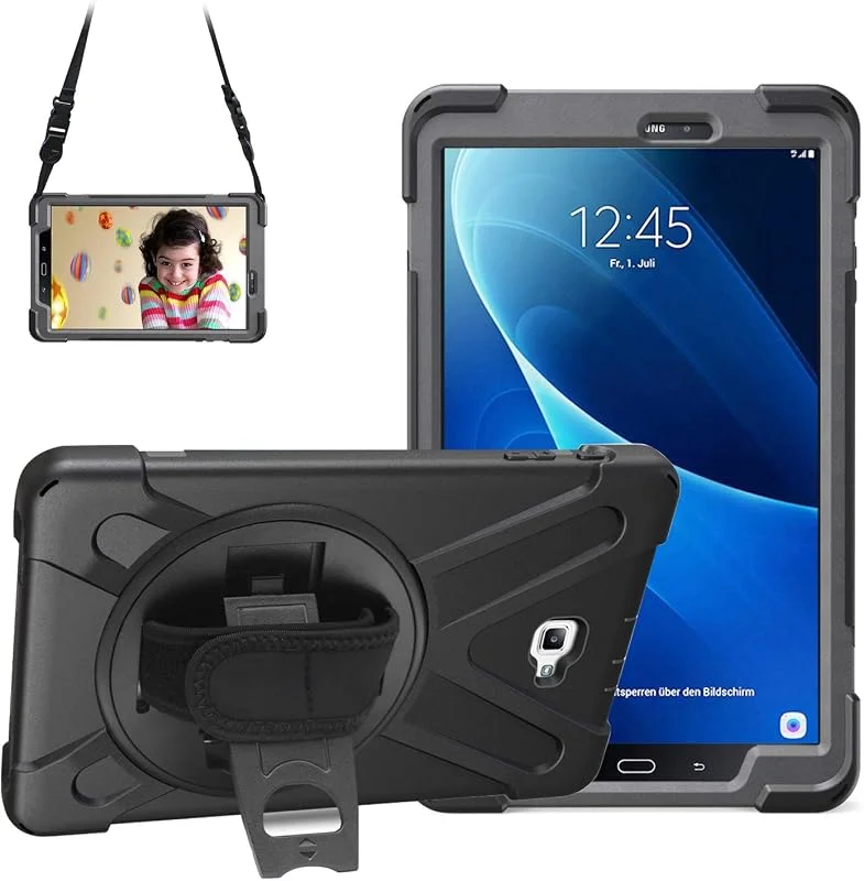 Gerutek för Samsung Galaxy Tab A6 10.1 2016 Fodral, SM T580, T585 Stöttåligt Med 360 Roterande Stativ, Hand, Axelrem Fallskyddsfodral Kraftigt Robust för Galaxy Tab A6 10.1, Svart — Mobil och surfplatta