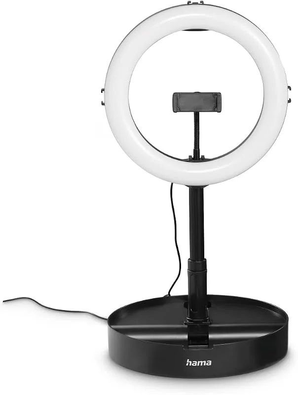 Hama LED ringljus med stativ mobiltelefon vikbar (10, 2 tum ringlampa, 26, 5 cm diameter, bordsstativ för kameran, utdragbar upp till 138 cm, dimbar LED-bord, att fälla i) svart — Mobil och surfplatta