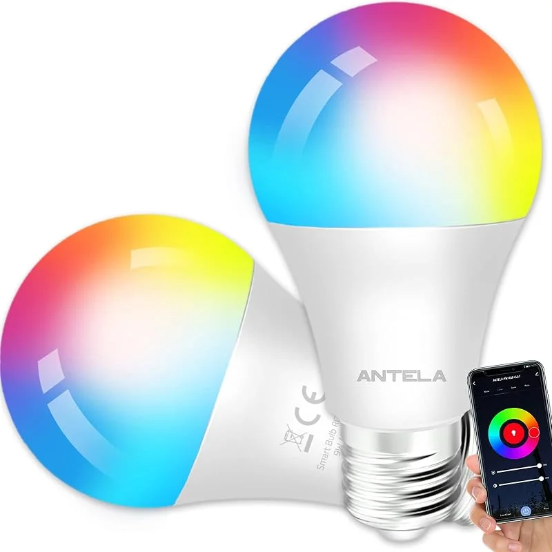 ANTELA Smart Wifi Glödlampa E27, 9W, 806 Lumen, 16 Miljoner Färger, 2700-6500K, Smarta Lampor Kompatibel med Alexa, Google Home, Fjärrstyrning, Scheman och Timers, 2pc — Smarta hem