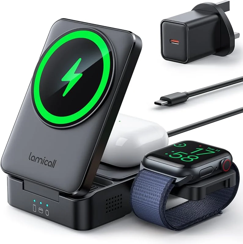 Lamicall 3-i-1 induktionsladdare - [vikbar] laddningsstation för snabbladdning, trådlös reseladdare för i-phone 16, 15, 14, 13, 12 Pro Max, AirPods 2, 3, Pro och Apple Watch — Mobil och surfplatta