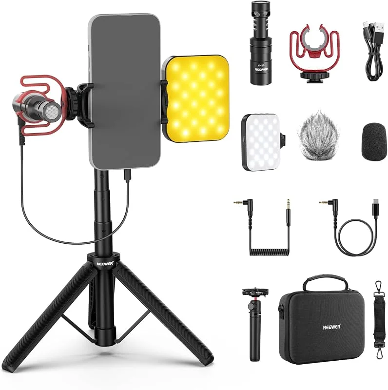 NEEWER BASICS PA050 iPhone Android Vlogging Kit Streaming Telefon YouTube Videofilmer TikTok, Selfie Stick Stativ + Mic+ LED-ljus, Essential för Skapare Innehåll Nybörjare YouTubers — Mobil och surfplatta