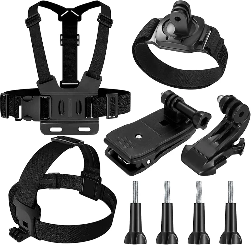 Kompatibel med GoPro 9, 8, 7, 6, 5, SJCAM och Insta360-actionkamera, bröstbälte monteringssats, justerbar tillbehör, huvudrem, handrem, ryggsäckshållare — Portabel digital och ljud