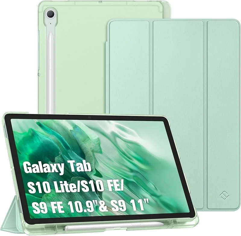 Fintie Fodral för Samsung Galaxy Tab S10 Lite, S10 FE, S9 FE 10, 9 tum & S9 11 tum surfplatta med pennhållare, ultratunt skyddsfodral med genomskinligt baksida och automatisk sömn, väckningsfunktion, mint — Mobil och surfplatta
