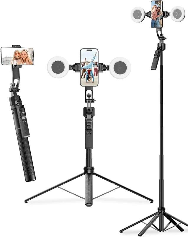 Stativ för automatisk spårning, Rollei Easy Creator AI Tracking Tripod Selfie-pinne 163 cm 360 Rotation med ljusring, stabilisator för mobil fjärrkontroll ingår, stativ-mobiltelefon-stick-selfie-stick — Mobil och surfplatta