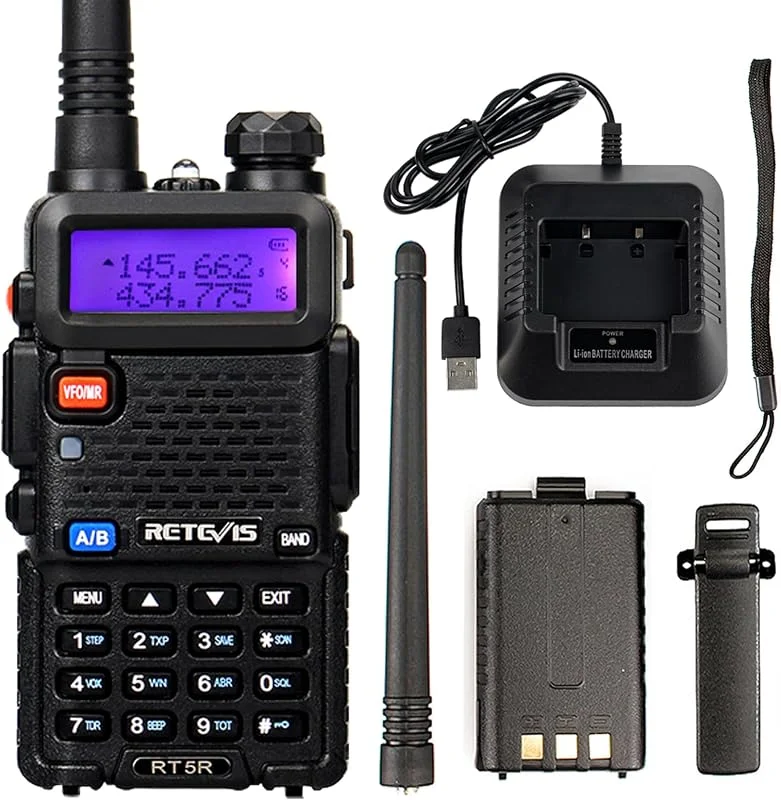 Retevis RT5R Walkie Talkie Dual Band, 128 Kanaler Uppladdningsbar Walky Talky, Handhållen Sändtagare med FM-Radio, Bärbar 2-Vägs Radio för Jakt, Radioamatör, Nödsituation, Rädda (Svart, 1St) — Portabel digital och ljud
