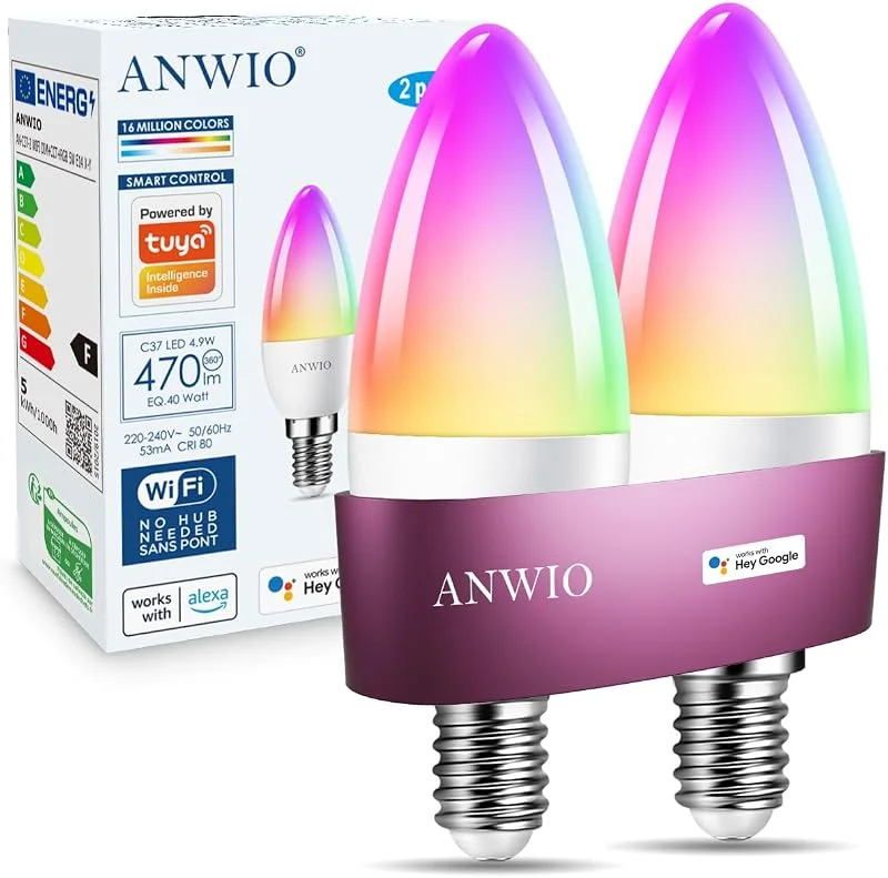 ANWIO 5W E14 Smart RGB WIFI lju (ersätter 40 W glödlampa) 470 LM, styrbar via Tuya App och Smart Life Google Home, set med 2 — Smart belysning