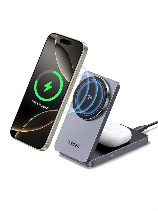 UGREEN MagFlow Qi2 15W 2-i-1 hopfällbar laddningsstation med MagSafe — Mobil och surfplatta